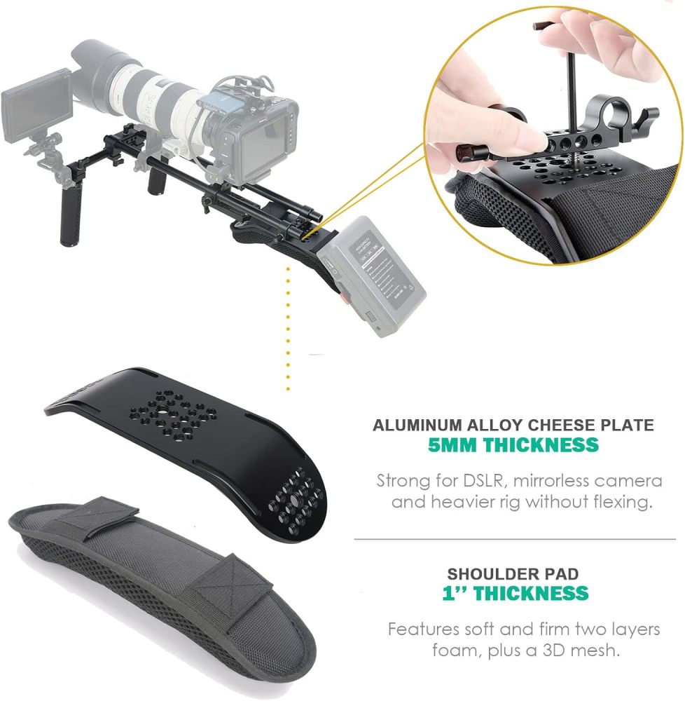 NICEYRIG 15mm Shoulder Pad Rig Support System with Riser Base Plate Mount, 15mm Rod and Rod Rail Handle Kit Universal for DSLR Camera, Mirrorless Camera - 173