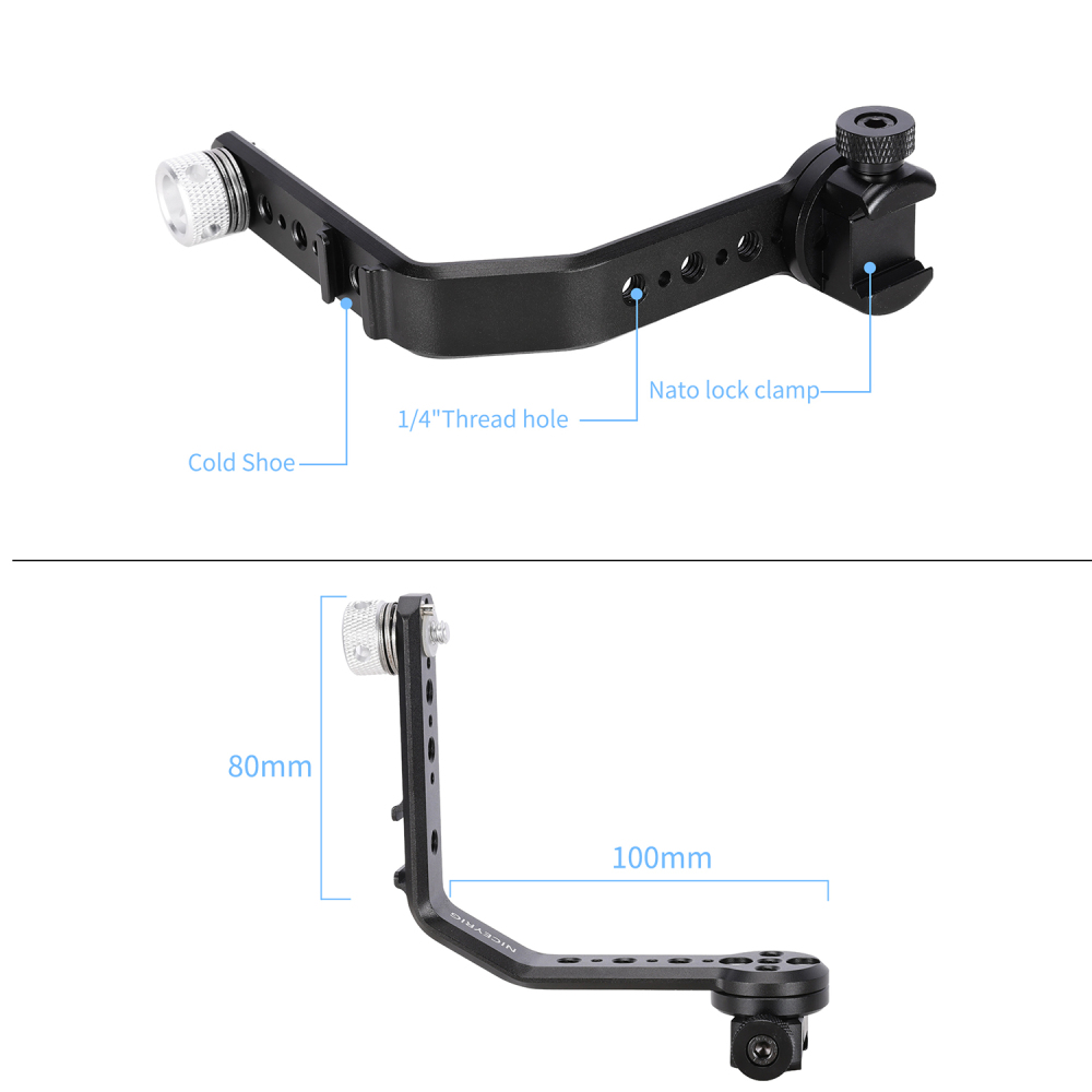 Niceyrig L-shaped Monitor Mounting Bracket with NATO Rail & Cold Shoe Adapter 360° Rotating Damping Knob,1/4" Thread for Microphone, LED Light, Wireless Transmitter Extension