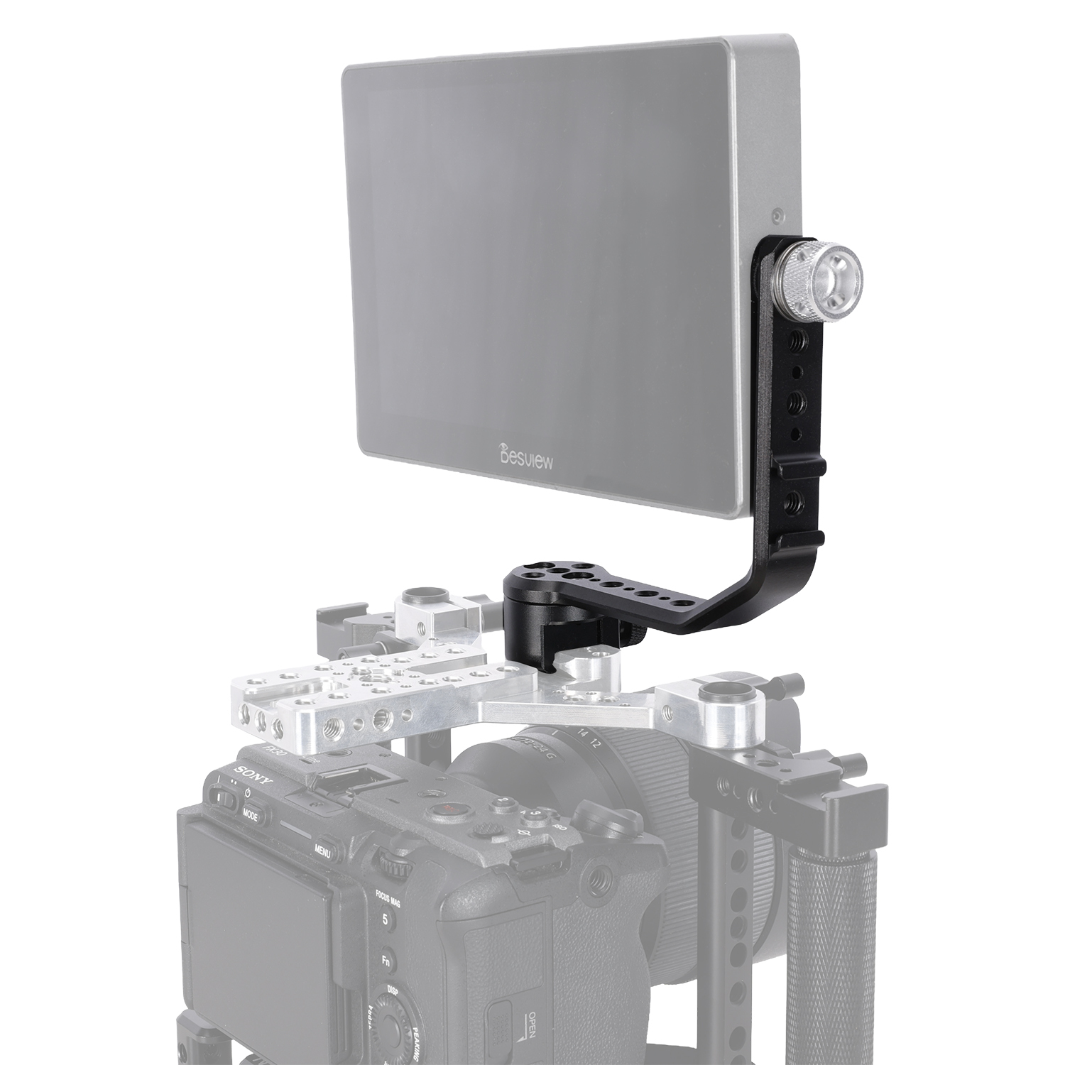 Niceyrig L-shaped Monitor Mounting Bracket with NATO Rail & Cold Shoe Adapter 360° Rotating Damping Knob,1/4" Thread for Microphone, LED Light, Wireless Transmitter Extension