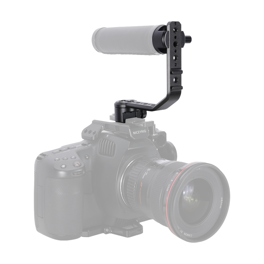 Niceyrig L-shaped Monitor Mounting Bracket with NATO Rail & Cold Shoe Adapter 360° Rotating Damping Knob,1/4" Thread for Microphone, LED Light, Wireless Transmitter Extension