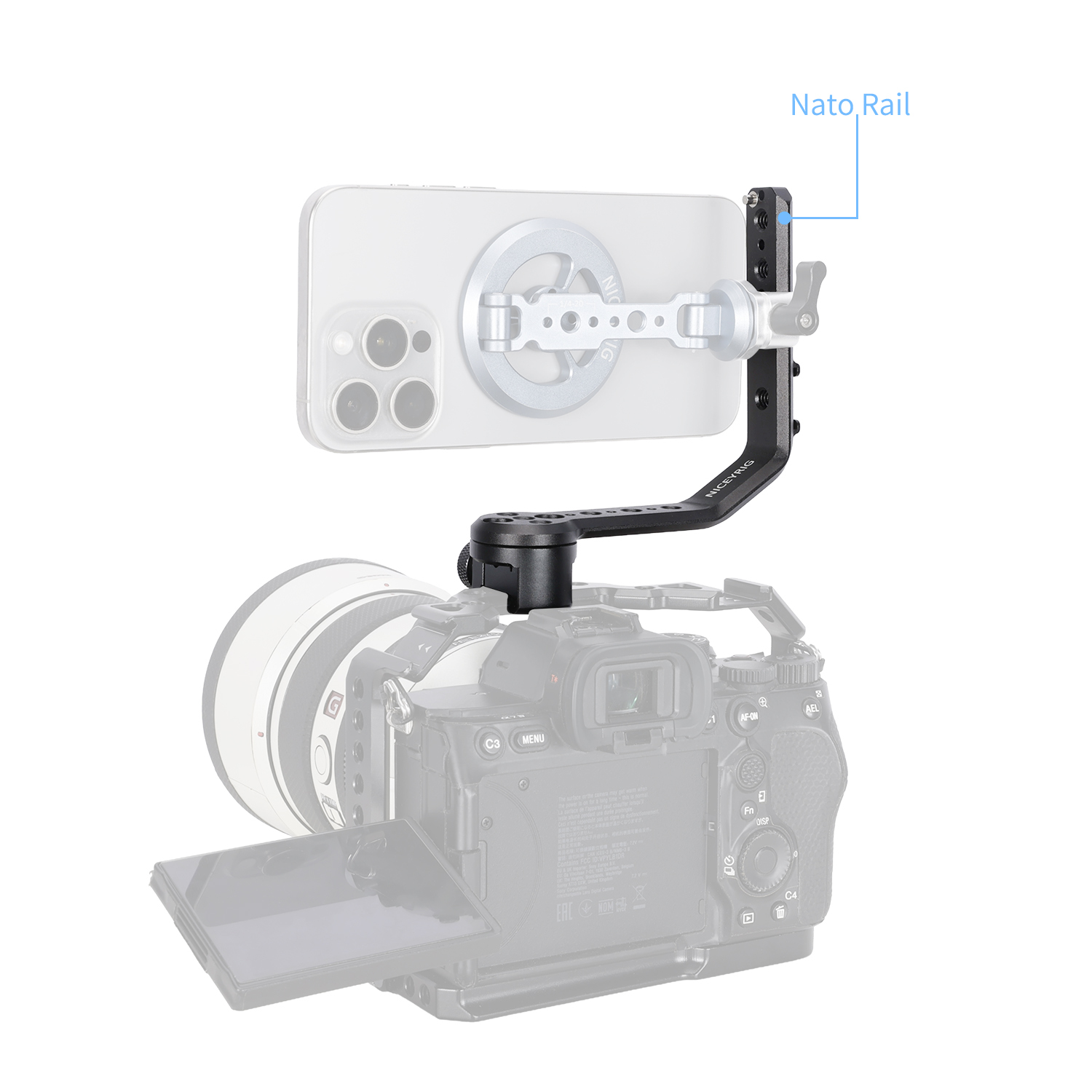 Niceyrig L-shaped Monitor Mounting Bracket with NATO Rail & Cold Shoe Adapter 360° Rotating Damping Knob,1/4" Thread for Microphone, LED Light, Wireless Transmitter Extension