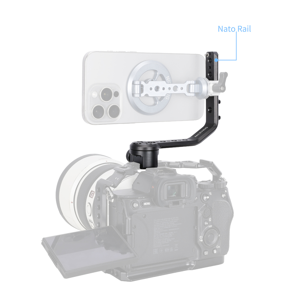 Niceyrig L-shaped Monitor Mounting Bracket with NATO Rail & Cold Shoe Adapter 360° Rotating Damping Knob,1/4" Thread for Microphone, LED Light, Wireless Transmitter Extension