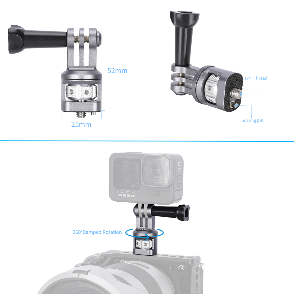 Niceyrig Action Camera Mount Adapter, 1/4"-20 Screw with Retractable Locating Pin for Cage & Gimbal, 360° Rotation Damped Adjustment, Compact & Stable for GoPro Hero 12/11/10/9, DJI Osmo Action, Insta 360