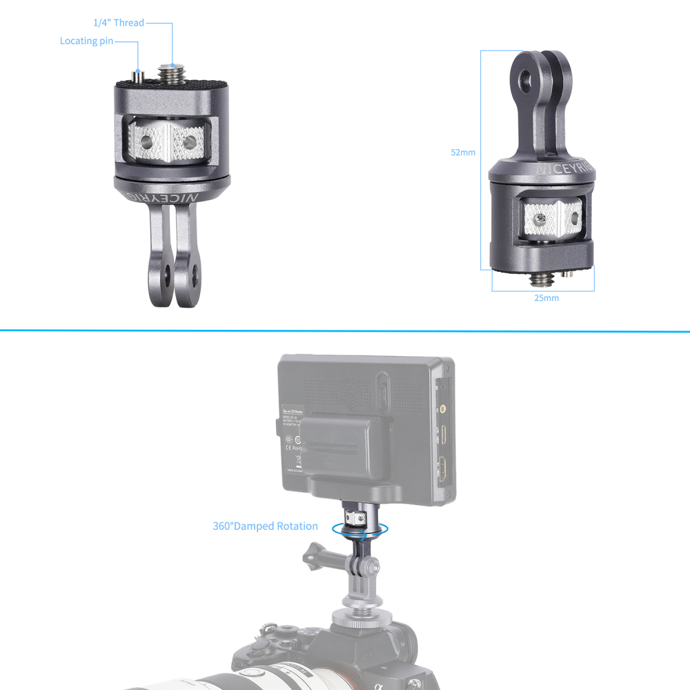 Niceyrig Action Camera Mount to 1/4"-20 Screw Adapter Tripod Mount with Damped 360°Rotation for GoPro Hero Series DJI Osmo Action Insta 360 Ace Pro X3 X4 Yi 4K AKASO Action Cameras