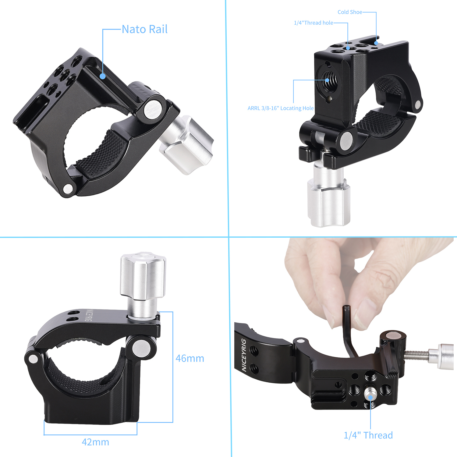 Niceyrig Clamp Mount 3-in-1 Accessory Holder with Nato Rail Cold Shoe Mount 1/4 Thread Holes for Light Stands,Tripods & Round Tubes (Open Range 16.6–31mm)