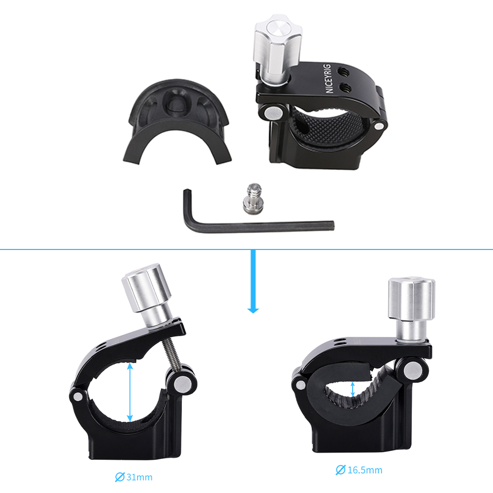 Niceyrig Clamp Mount 3-in-1 Accessory Holder with Nato Rail Cold Shoe Mount 1/4 Thread Holes for Light Stands,Tripods & Round Tubes (Open Range 16.6–31mm)
