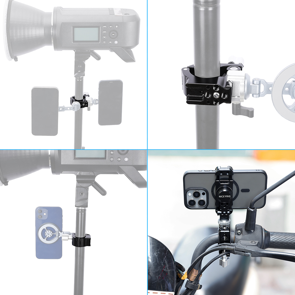 Niceyrig Clamp Mount 3-in-1 Accessory Holder with Nato Rail Cold Shoe Mount 1/4 Thread Holes for Light Stands,Tripods & Round Tubes (Open Range 16.6–31mm)