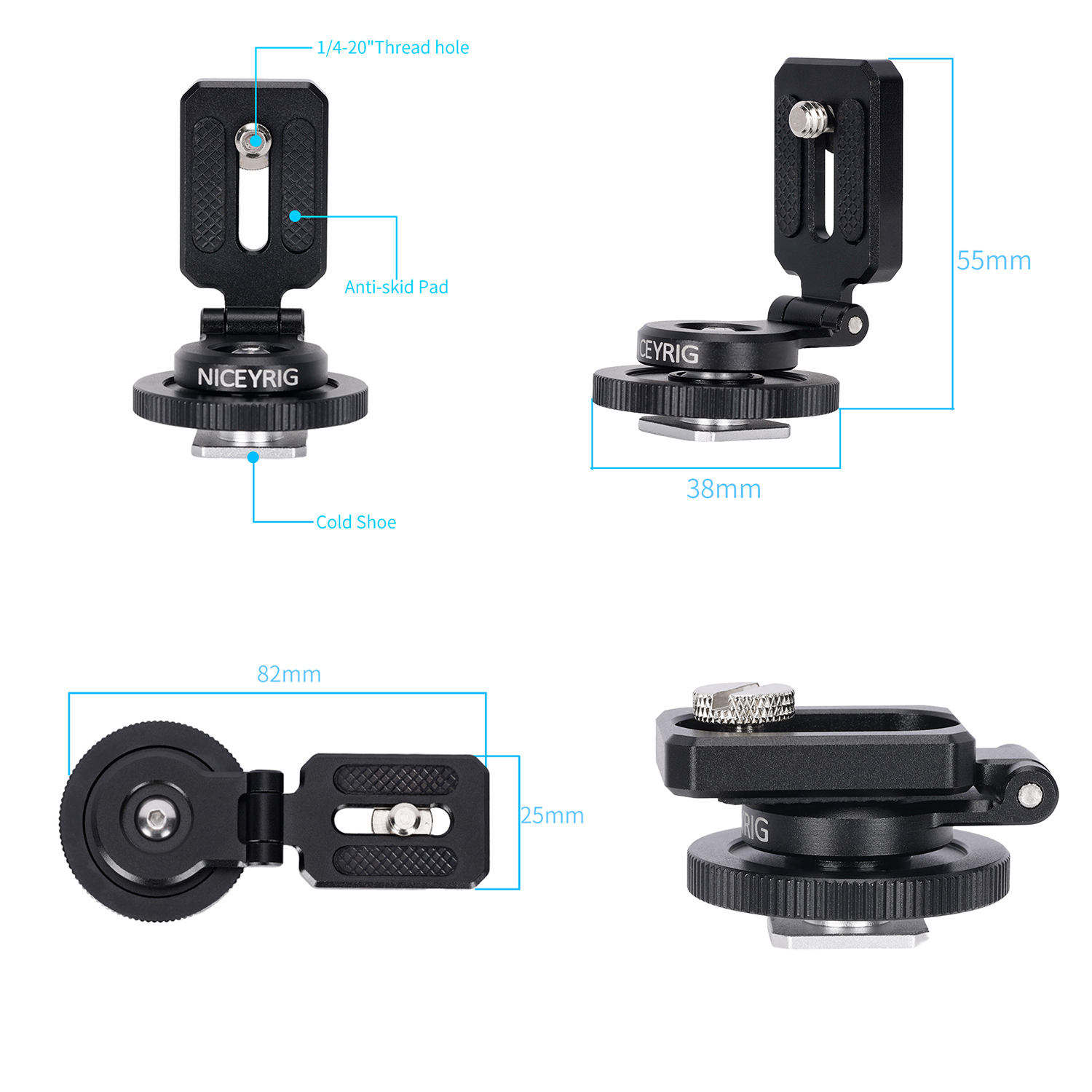 Niceyrig Cold Shoe Mount Adapter for Wireless Transmitter – 180° Tilt Damping Adjustable Cold Shoe Bracket with 1/4"-20 Threaded Hole, Anti-Scratch Pad, Camera & Stabilizer Gimbal Compatible
