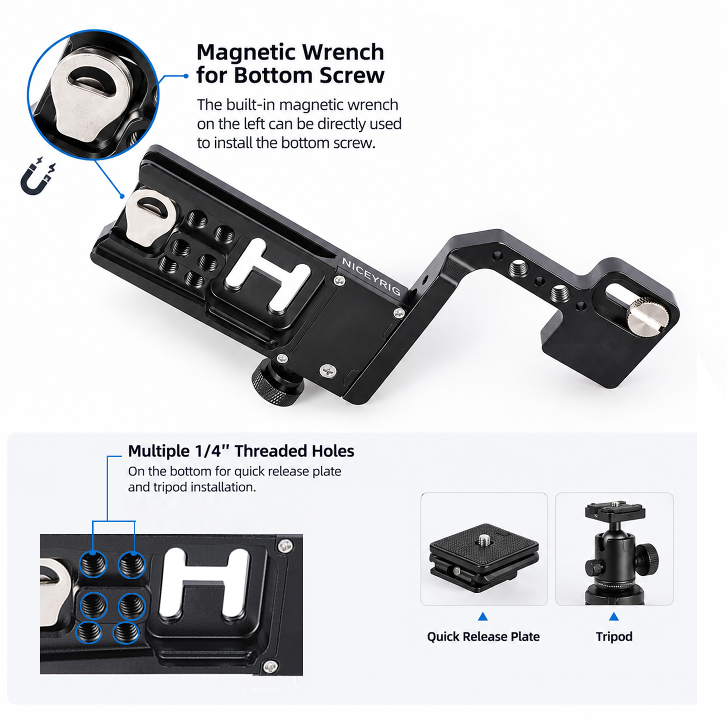 Niceyrig Compact Arca Tripod Mount Plate with Cold Shoe Mount for Flashlights,Trigger, Wireless Transmitters, Smartphone, Monitors Mounting