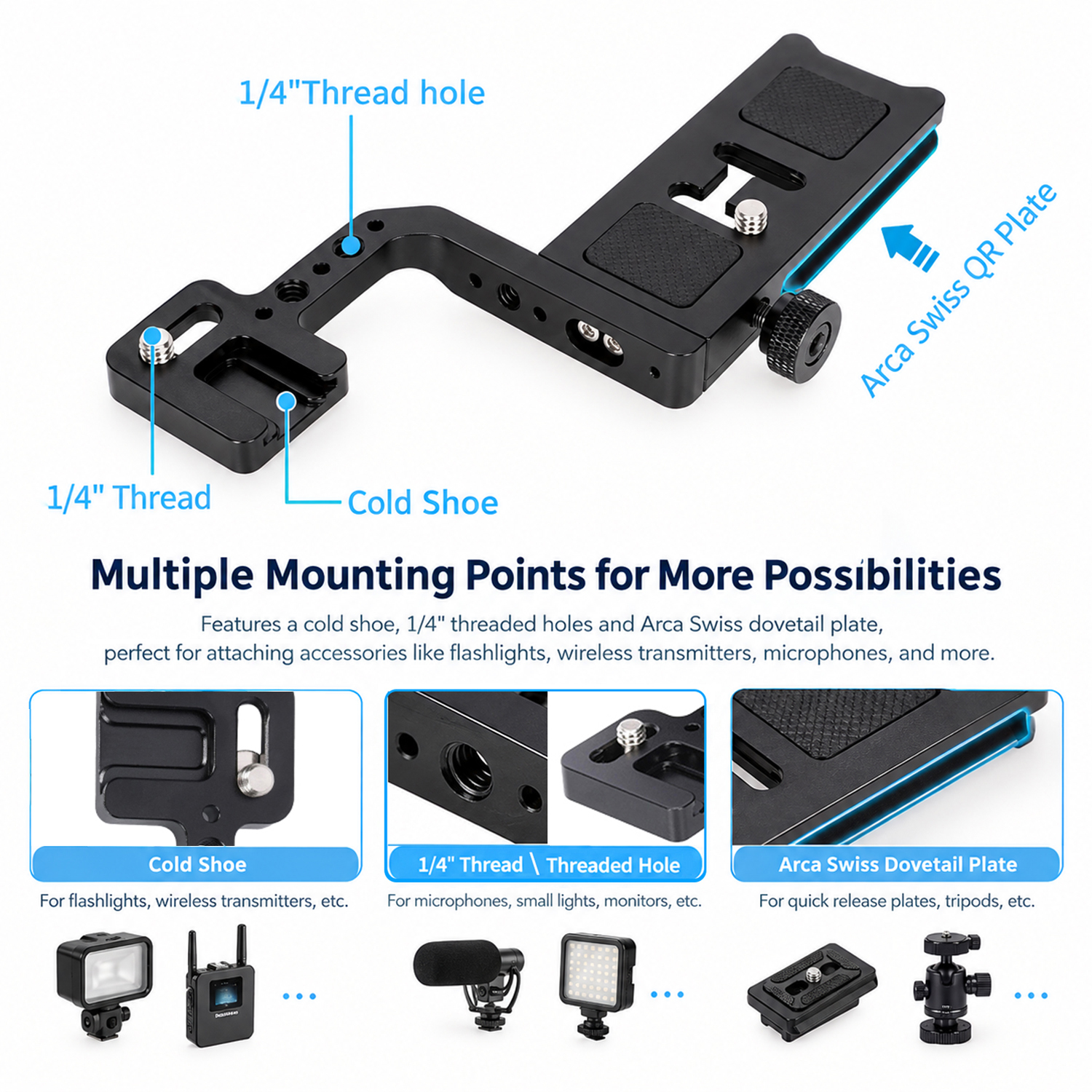 Niceyrig Compact Arca Tripod Mount Plate with Cold Shoe Mount for Flashlights,Trigger, Wireless Transmitters, Smartphone, Monitors Mounting