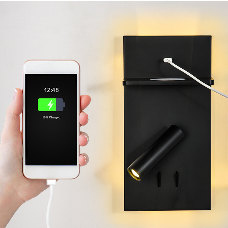 3W+6W LED-Wandleuchten fürs Schlafzimmer mit USB-Anschluss und kabellosem Ladegerät