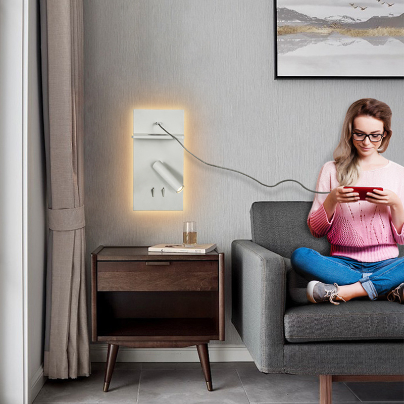 3W+6W LED-Wandleuchten fürs Schlafzimmer mit USB-Anschluss und kabellosem Ladegerät