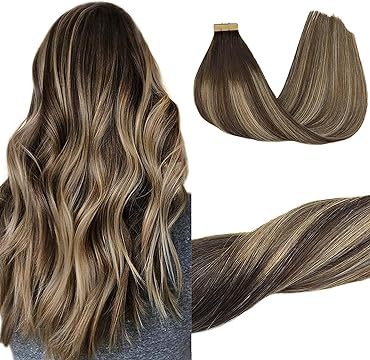 22 Inch Tape in Hair Extensions Balayage Chocolate Brown to Honey Blonde Human Hair Extensions 20pcs 50g Tape in Hair Extensions Human Hair for Women