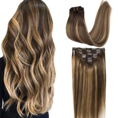 Clip-in Hair Extensions for Women, Soft & Natural, Handmade Real Human Hair Extensions, Chocolate Brown to Caramel Blonde, Long, Straight #(4/27)/4, 7pcs 120g 16 inches