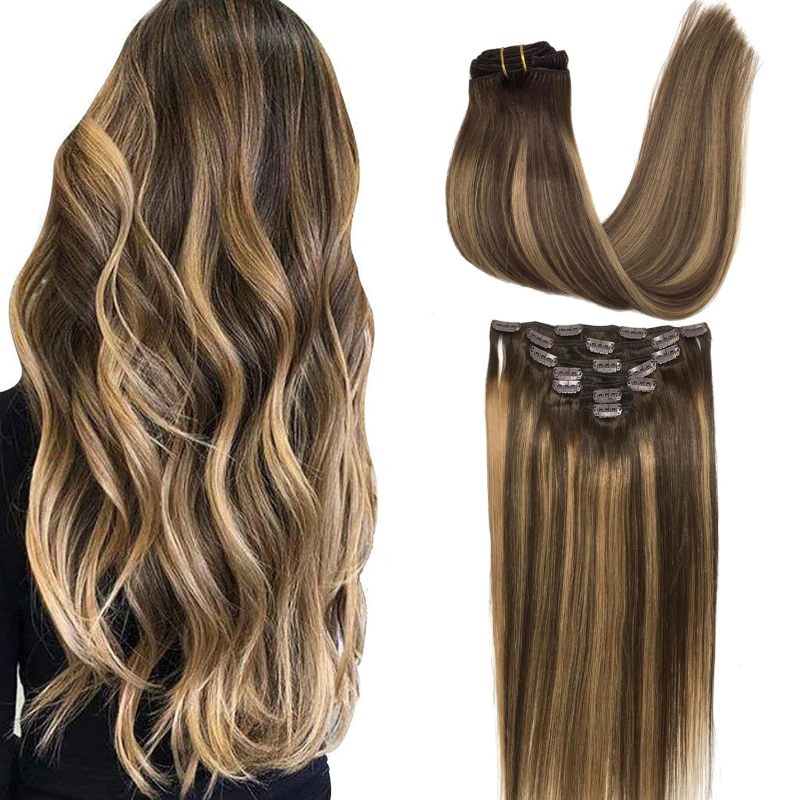 Clip-in Hair Extensions for Women, Soft & Natural, Handmade Real Human Hair Extensions, Chocolate Brown to Caramel Blonde, Long, Straight #(4/27)/4, 7pcs 120g 16 inches