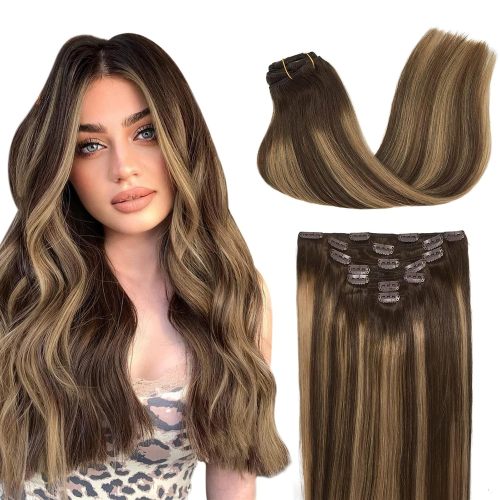 Clip-in Hair Extensions for Women, Soft &amp; Natural, Handmade Real Human Hair Extensions, Chocolate Brown to Caramel Blonde, Long, Straight #(4/27)/4, 7pcs 120g 14 inches