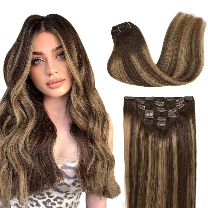 Clip-in Hair Extensions for Women, Soft & Natural, Handmade Real Human Hair Extensions, Chocolate Brown to Caramel Blonde, Long, Straight #(4/27)/4, 7pcs 120g 14 inches