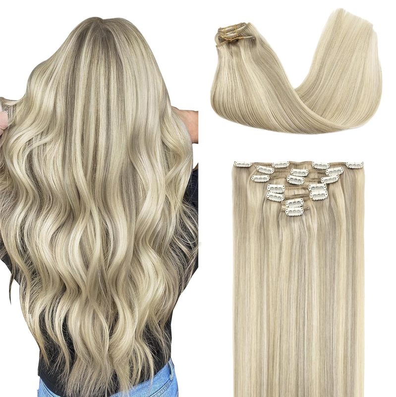 Clip in Hair Extensions Human Hair 7pcs 120g 14 inch Ash Blonde and Platinum Blonde Hair Extensions for Women Clip in Long Straight Remy Handmade Real Human Hair Extensions Clip ins