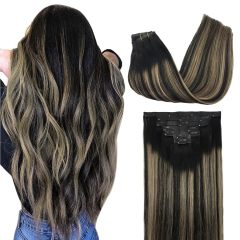 Seamless Clip In Hair Extensions Remy Real Human Hair Extension with Invisible PU Skin Weft 14 Inch 130g 7pcs Natural Black to Light Blonde Natural & Thick & Straight Hair Extensions for Women
