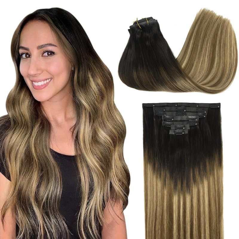 Seamless Clip In Hair Extensions Remy Real Human Hair Extension with Invisible PU Skin Weft 22 Inch 150g 7pcs Dark Brown Fading to Chestnut Brown and Dirty Blonde