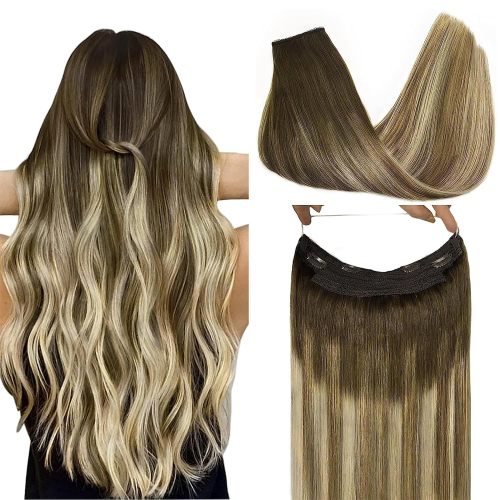 Wire Hair Extensions Real Human Hair, Halo Hair Extensions,18 inch 95g Balayage Walnut Brown to Ash Brown, Invisible Wire Hair Extensions with Transparent, Straight Remy Hair Extensions