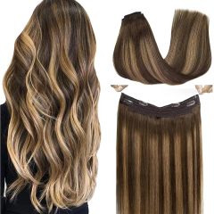 Wire Hair Extensions Real Human Hair, Halo Hair Extensions,16 inch 95g Chocolate Brown to Caramel Blonde, Invisible Wire Hair Extensions with Transparent, Straight Remy Hair Extensions
