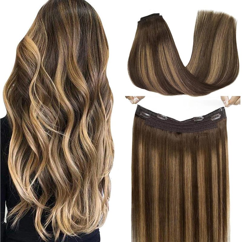 Wire Hair Extensions Real Human Hair, Halo Hair Extensions,16 inch 95g Chocolate Brown to Caramel Blonde, Invisible Wire Hair Extensions with Transparent, Straight Remy Hair Extensions