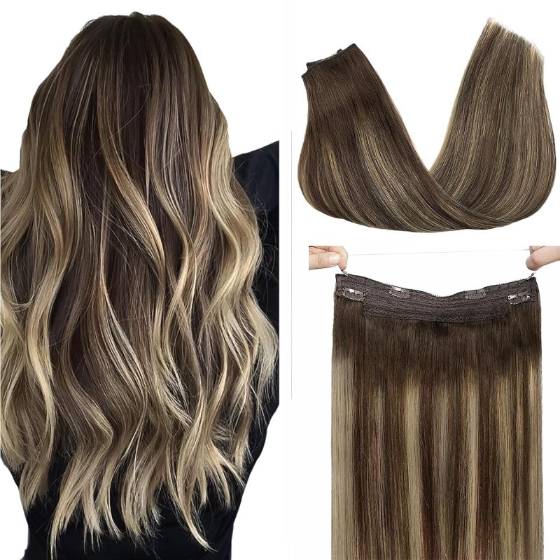 Wire Hair Extensions Real Human Hair, Halo Hair Extensions,14 inch 75g Chocolate Brown to Honey Blonde, Invisible Wire Hair Extensions with Transparent, Straight Remy Hair Extensions