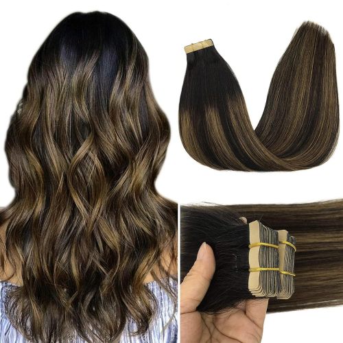 Tape in Balayage Natural Black to Chestnut Brown 50g 20pcs 16 Inch Remy Hair Extensions Tape in Human Hair Straight Real Natural Hair Extensions