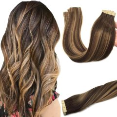 Tape in Hair Extensions Chocolate Brown to Caramel Blonde Real Human Hair Extensions Seamless Straight Human Hair Extensions 50g 20pcs 18inch