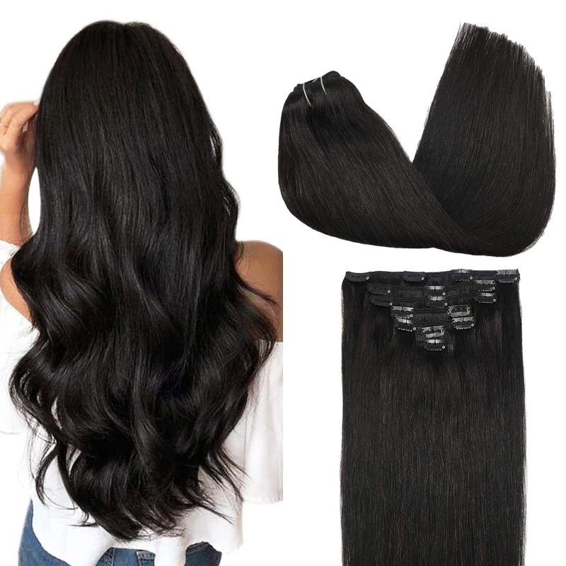 Remy Seamless Clip in Hair Extensions Human Hair 18inch 130g 7pcs Natural Black Hair Extensions Clip in PU Weft Real Natural Hair Extensions Thick Straight Hair Extensions for Women