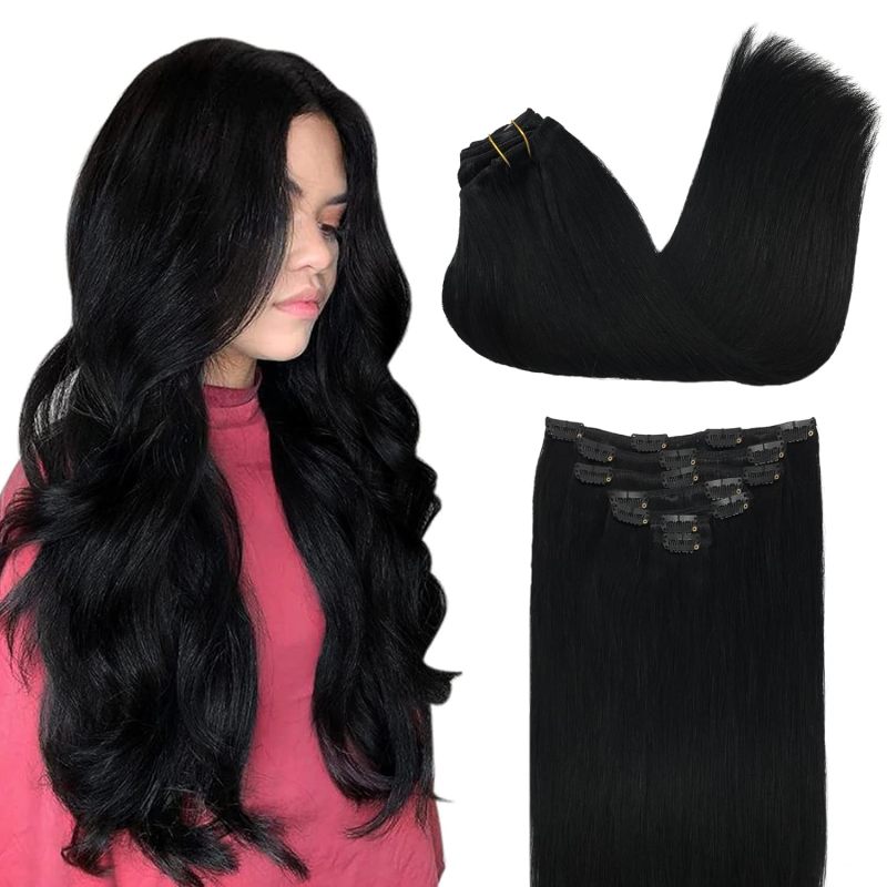 Clip-in Hair Extensions for Women, Soft & Natural, Handmade Real Human Hair Extensions, Natural black, Long, Straight #1B, 7pcs 120g 20 inches