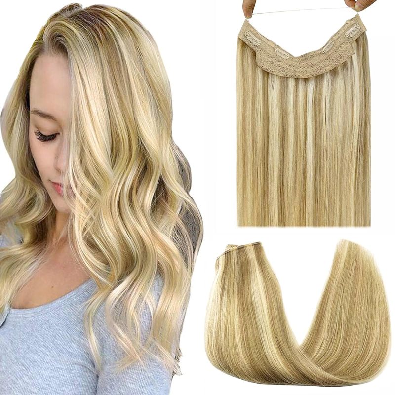 Wire Hair Extensions Real Human Hair, Halo Hair Extensions, 12inch 70g Light Blonde Highlighted Golden Blonde, Invisible Wire Hair Extensions with Transparent, Straight Remy Hair Extensions