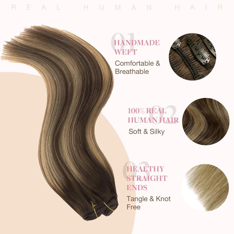 Clip-in Hair Extensions for Women, Soft & Natural, Handmade Real Human Hair Extensions, Chocolate Brown to Caramel Blonde, Long, Straight #(4/27)/4, 7pcs 120g 14 inches
