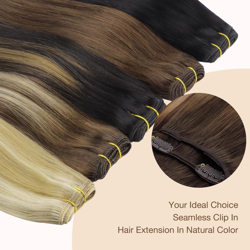 Clip-in Hair Extensions for Women, Soft & Natural, Handmade Real Human Hair Extensions, Chocolate Brown to Caramel Blonde, Long, Straight #(4/27)/4, 7pcs 120g 14 inches