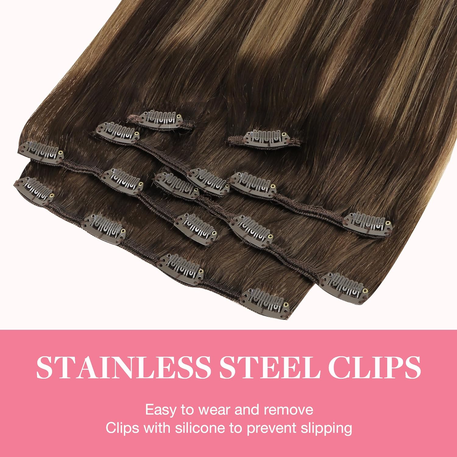 Clip-in Hair Extensions for Women, Soft & Natural, Handmade Real Human Hair Extensions, Chocolate Brown to Caramel Blonde, Long, Straight #(4/27)/4, 7pcs 120g 14 inches