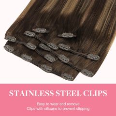 Clip-in Hair Extensions for Women, Soft & Natural, Handmade Real Human Hair Extensions, Chocolate Brown to Caramel Blonde, Long, Straight #(4/27)/4, 7pcs 120g 14 inches