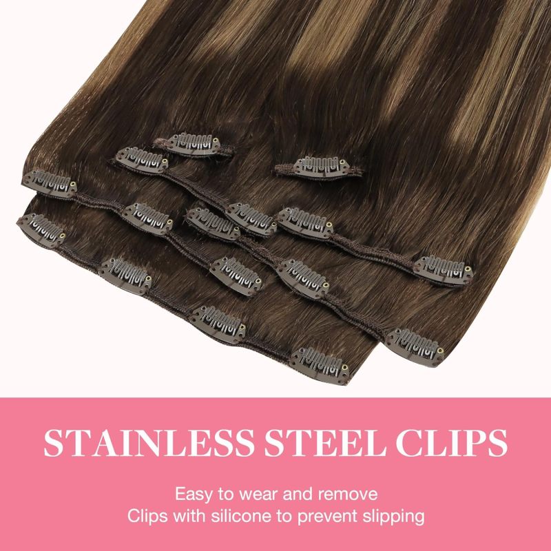 Clip-in Hair Extensions for Women, Soft & Natural, Handmade Real Human Hair Extensions, Chocolate Brown to Caramel Blonde, Long, Straight #(4/27)/4, 7pcs 120g 14 inches