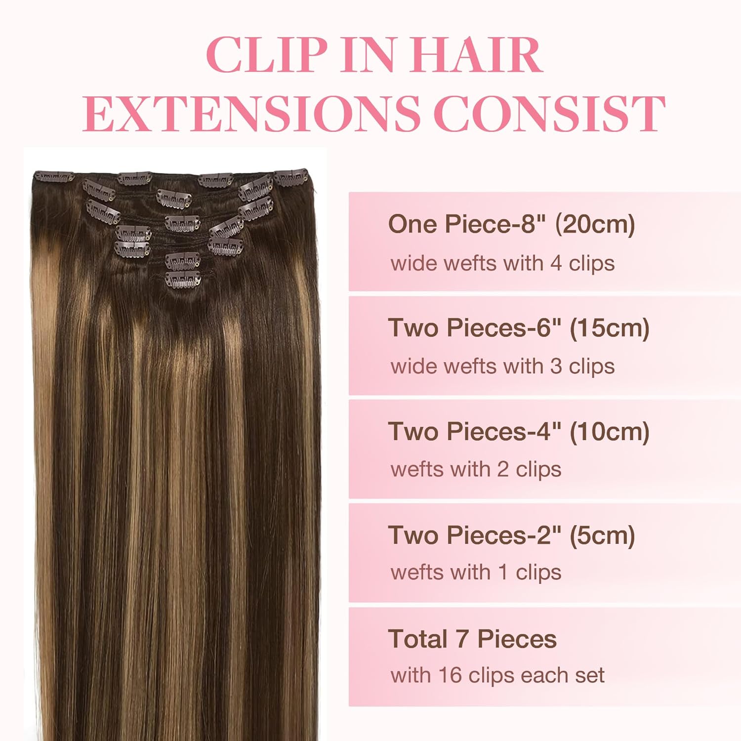 Clip-in Hair Extensions for Women, Soft & Natural, Handmade Real Human Hair Extensions, Chocolate Brown to Caramel Blonde, Long, Straight #(4/27)/4, 7pcs 120g 14 inches