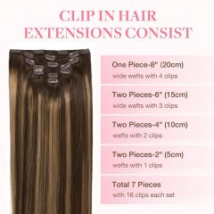 Clip-in Hair Extensions for Women, Soft & Natural, Handmade Real Human Hair Extensions, Chocolate Brown to Caramel Blonde, Long, Straight #(4/27)/4, 7pcs 120g 14 inches