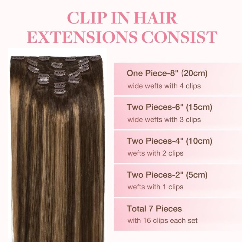 Clip-in Hair Extensions for Women, Soft & Natural, Handmade Real Human Hair Extensions, Chocolate Brown to Caramel Blonde, Long, Straight #(4/27)/4, 7pcs 120g 14 inches