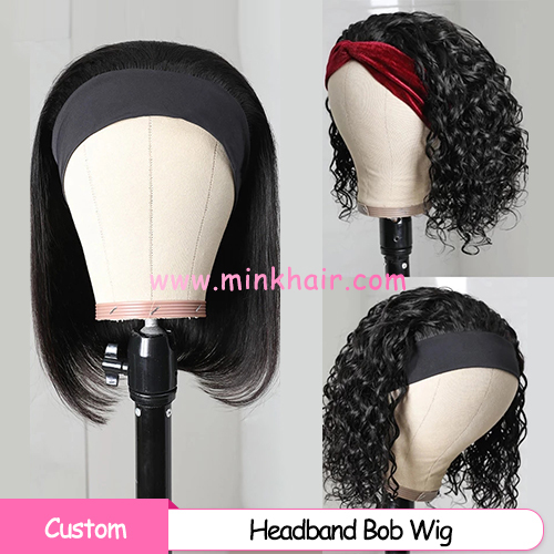 Custom Headband Bob Wig Glueless Human Hair Wigs With Pre-attached Scarf Natural Color 180% 200% Density Wig