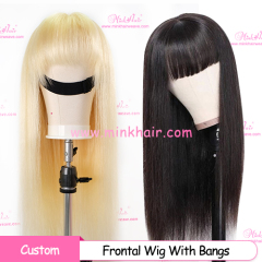 Custom Frontal Wig With Bangs 180% Density Transparent Lace Human Hair Lace Wigs