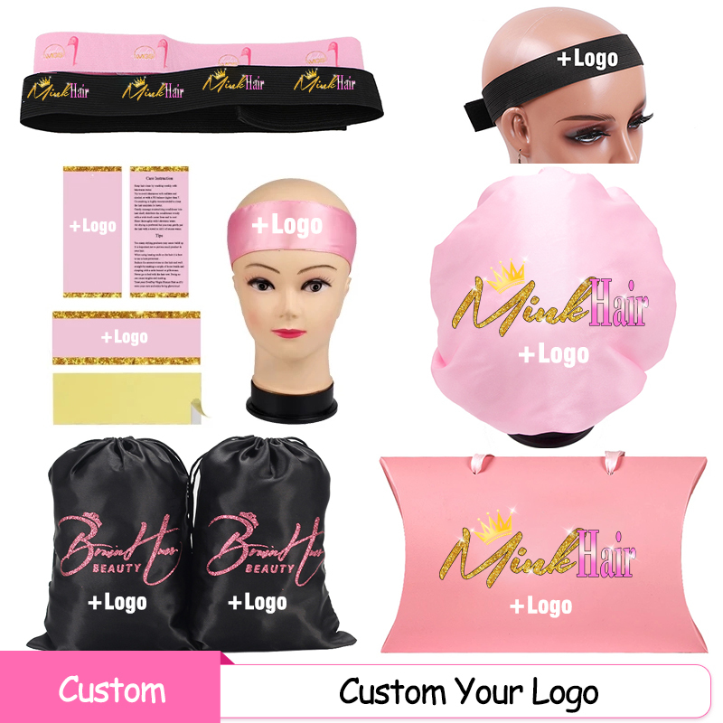 Custom Hair Bundle Wrap Labels Sticker Tags Business Cards Satin Bags Bonnets Headbands Hair Packaging Box for Hair Extensions