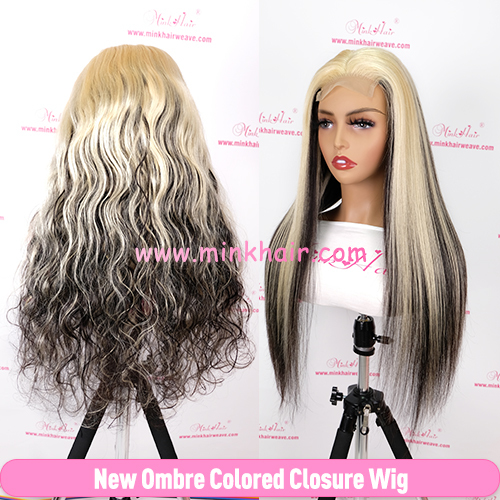 New Custom Ombre Colored Closure Wig 180% Density 1B/613 1B/Red 1B/Grey