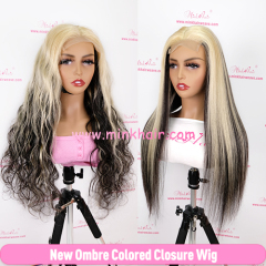 New Custom Ombre Colored Closure Wig 180% Density 1B/613 1B/Red 1B/Grey