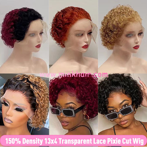 Ready-Made 13x4 Lace Pixie Cut Wig Short Bob Curly Human Hair Transparent Lace Wig