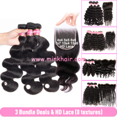 Mink Brazilian Hair 3 Bundles with HD Lace Closure Frontal Deals