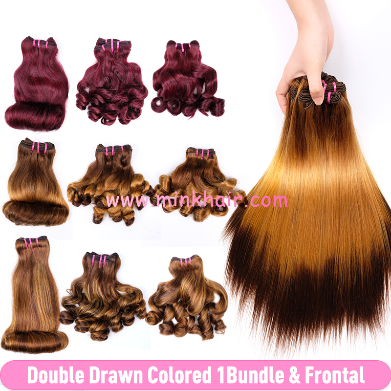 Double Drawn #4/27 #4/27/4 #99J Color Hair Bundle &amp; Lace Frontal