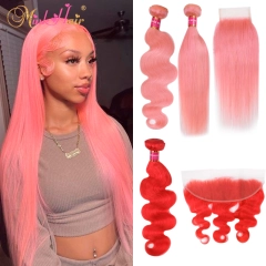 New Hair Bundles Pink Color Red Color 4x4 Lace Closure and 13x4 Lace Frontal